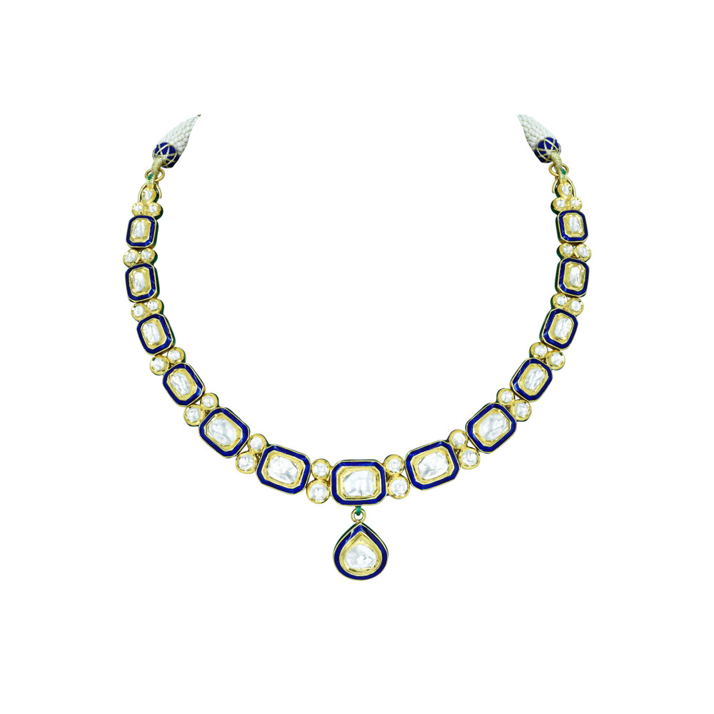 Square and Teardrop Polki Necklace with Blue Meena